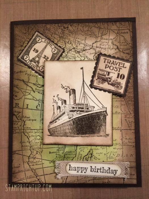 Stampin Up Traveler, World Map & Postage Due Masculine Birthday Card by Wendie Bee