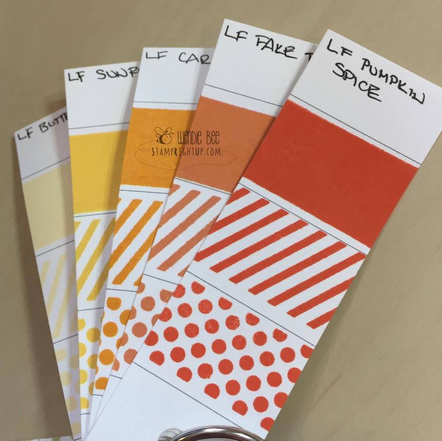 Lawn Fawn Dye Ink Pad Swatches Review Yellow Orange Family: Butter, SunFlower, Carrot, Fake Tan, Pumpkin Spice Color Family fromWendie Bee of Stamp Right Up